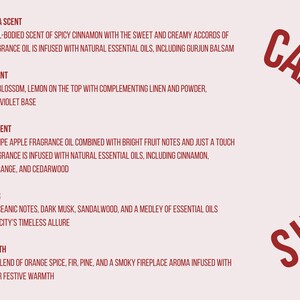 May include: A light pink background with text describing candle scents. The text includes Cinnamon Vanilla, Clean Cotton, Apple Harvest, Atlantis Whisper, and Christmas Warmth. The words "Candle Scents" are in a curved design.