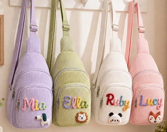Personalized Corduroy Toddler Sling Bag, Custom Yarn Name Crossbody Purse