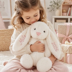 Conejo de peluche bordado personalizado, con nombre y año personalizados (28 cm)
