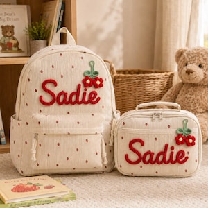 Personalized Kids Backpack and Lunch Bag Set, Corduroy Toddler School Bag with Chenille Name, Preschool Daycare Backpack for Girls