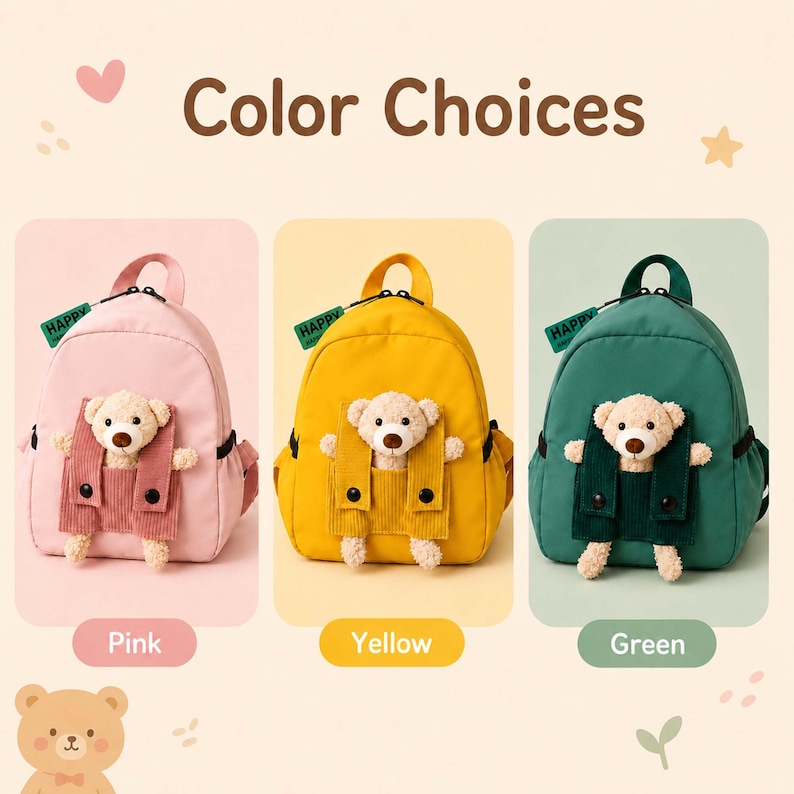 May include: Three small backpacks in pink, yellow, and green, each featuring a plush teddy bear tucked into a front corduroy pocket. A small green tag labeled HAPPY is attached to the top handle of each bag. The text Color Choices is at the top.