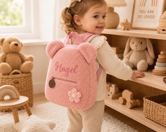 Personalized Teddy Bear Backpack for Kids, Custom Embroidered Name Preschool Bag, Fluffy Toddler Backpack, First Day of School Gift