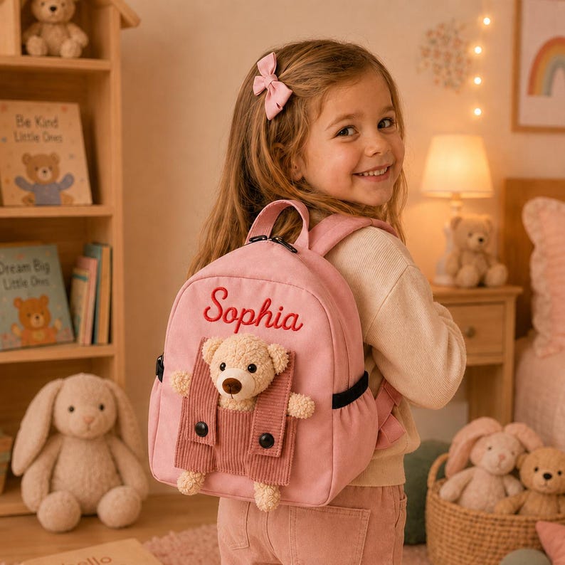 May include: A light pink canvas backpack featuring the name Sophia embroidered in red script. The front of the bag includes a small pocket with a plush teddy bear attached, wearing corduroy overalls with two black buttons on the straps.