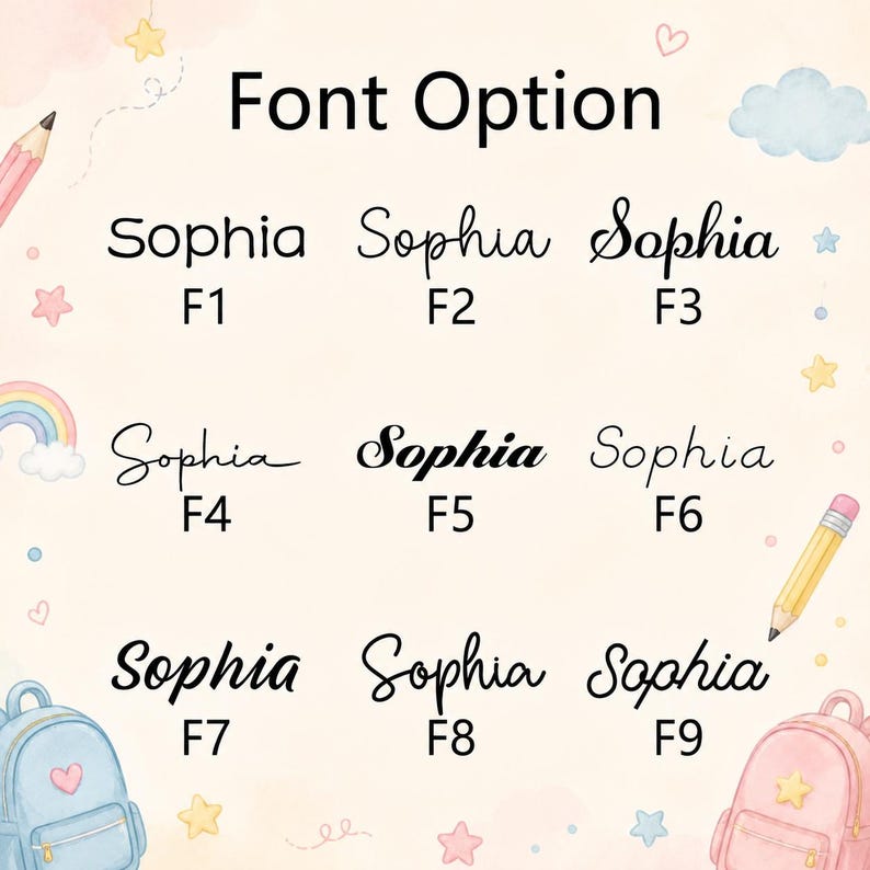 May include: A font selection chart titled Font Option featuring nine variations of the name Sophia labeled F1 through F9. The background is decorated with illustrations of a pencil, a rainbow, clouds, stars, and two small backpacks.