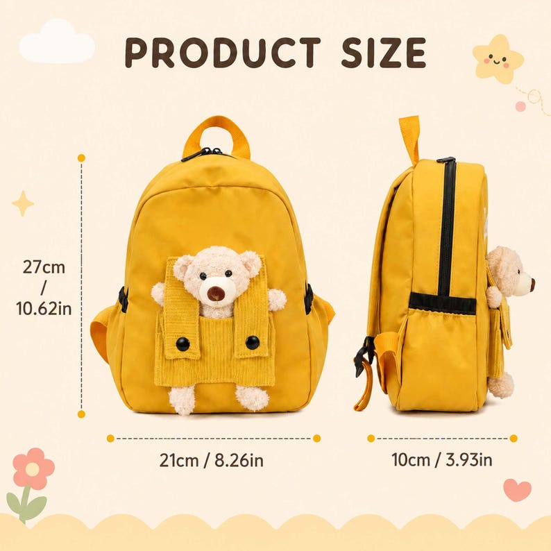 May include: A yellow backpack featuring a plush teddy bear in a front pocket. The backpack measures 27cm (10.62in) in height, 21cm (8.26in) in width, and 10cm (3.93in) in depth. The text PRODUCT SIZE is displayed at the top of the image.