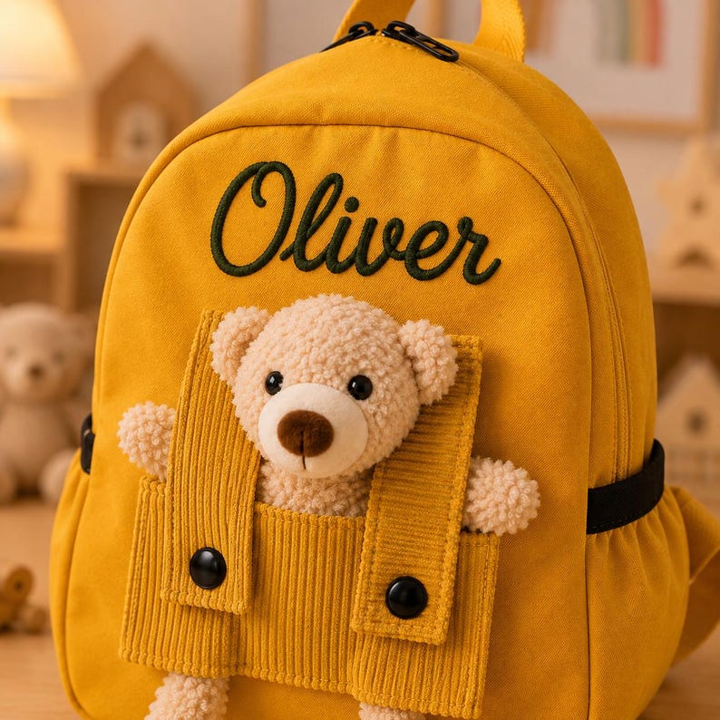 May include: A mustard yellow backpack featuring the name Oliver embroidered in dark green script. The front pocket is made of corduroy fabric and contains a plush teddy bear with cream-colored fur, black eyes, and a brown nose.