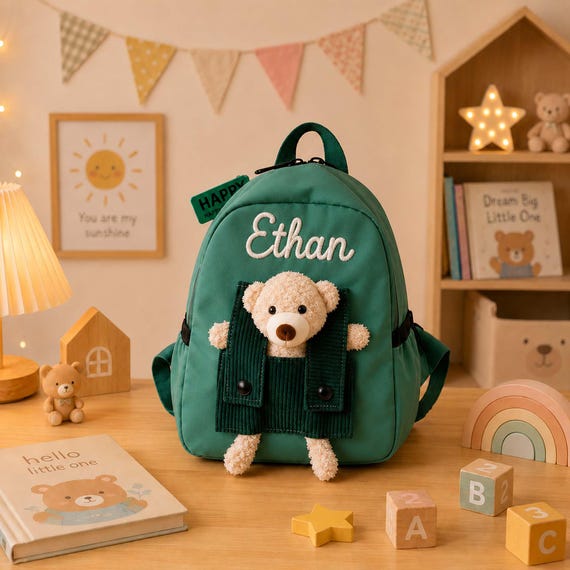Personalised Children's Backpack with Name, Custom 3D Teddy Bear Backpack, First School Bag for Toddler, Kindergarten Backpack, Kids Gift