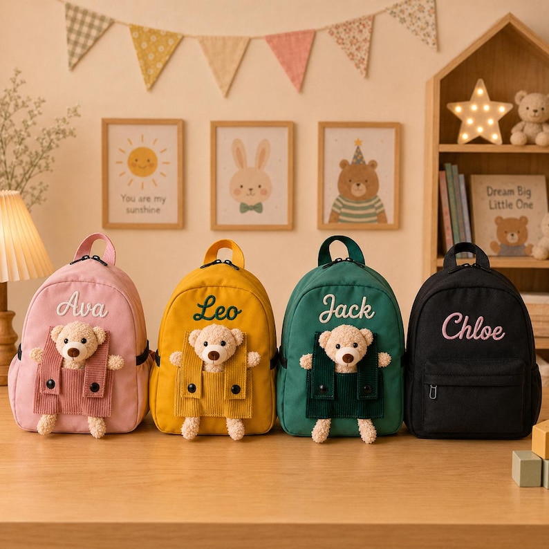 May include: Four small backpacks in pink, yellow, green, and black. Each bag features a plush teddy bear attached to a front corduroy pocket and a name embroidered in cursive script: Ava, Leo, Jack, and Chloe. The bags have top handles and zippers.
