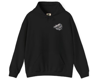 Puede incluir: Una sudadera negra con capucha y manga larga que presenta un pequeño gráfico detallado de una nube de tormenta oscura y arremolinada en la parte superior izquierda del pecho. Incluye un bolsillo tipo canguro, capucha y puños acanalados.