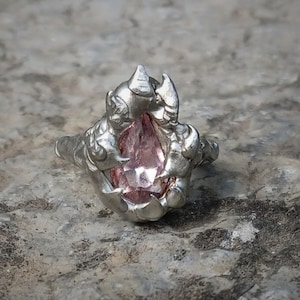 Spiky Melted Metal Ring with a Pink Crystal, Y2K Edgy Grunge Cyber Goth Jewelry