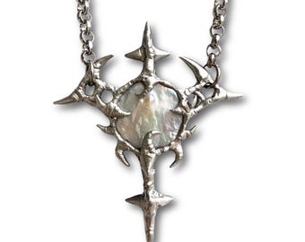 Spiky Sword  Pendant Necklace with a Freshwater Pearl, Soft Solder Y2K Grunge Cybercore Jewelry
