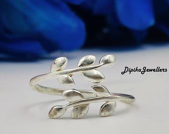 Sterling Silver 925 Olive Leaf Ring: Handmade Boho Vintage Style, Adjustable Jewelry..