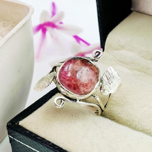 Natural Rhodonite Side Leaf Handmade 925 Sterling Silver Dainty Statement Ring Gift Her
