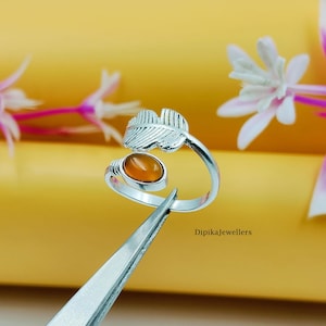 Naturlig handgjord bärnsten 925 sterlingsilver justerbar minimalistisk boho statement grenblad ring present