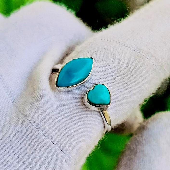 Handmade Arizona Turquoise Two Stone Ring: Heart & Leaf Design