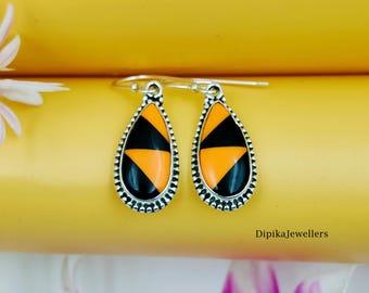 Handgemachte Sterling Silber Teardrop Ohrringe, Orange Onyx Inlay