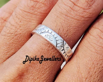 Handmade Silver Designer Band Ring, 925 Silver Sterling Bands, Sunburst Jewelry