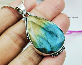 Natural Labradorite Pendant 925 Sterling Silver  Handcrafted Faceted Teardrop Gold Blue Flash Gift Necklace