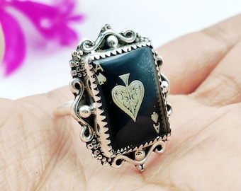 Ace of Spades Black Stone 925 Sterling Silver Statement Ring Handmade Poker Luck Gift
