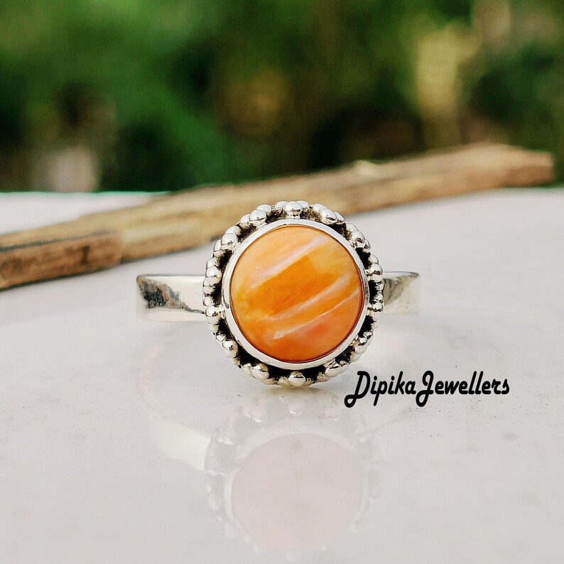 Natural Orange Spiny Oyster Ring, 925 Silver Ring, Handmade Designer Jewelry, Gifts For Her image 2