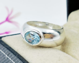 Natural Blue Topaz 925 Sterling Silver Heavy Dome Chunky Band Statement Ring