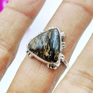 Natural Trillion Bronzite 925 Sterling Silver Statement Ring Handmade Artisan Shimmer Jewelry Gift