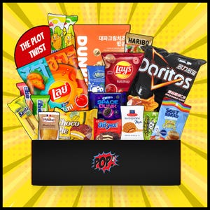 May include: A black box overflowing with a variety of snacks, including chips, cookies, and candies. Brands like Lay's, Doritos, and Oreo are visible. The box has a red and blue "POP" logo on the front, set against a yellow background.