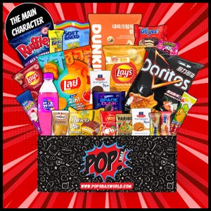 May include: A black box filled with various snacks, including chips, cookies, and candies. Brands like Ruffles, Lay's, Doritos, and Oreo are visible. The box has the text "POP SNAX" and "WWW.POPSNAXWORLD.COM" on it, set against a red background.