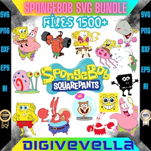 Bundle de 1500 cliparts dessin animé, Silhouette, dessin animé eps, Bob l&#39;éponge svg, png Bob l&#39;éponge, Bob l&#39;éponge svg coupe des fichiers pour Cricut, Png, fichiers dxf, Pdf