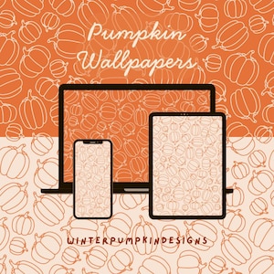 May include: Digital devices, including a laptop, tablet, and smartphone, showcase pumpkin-themed wallpapers. The background features a repeating pattern of orange pumpkins. The image also includes the text "Pumpkin Wallpapers" and "winterpumpkindesigns."
