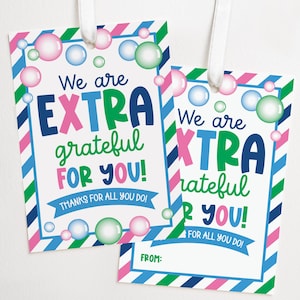 May include: Two gift tags with white ribbon. The tags have a white background with a colorful border of blue, green, and pink stripes. Text on the tags reads "We are EXTRA grateful FOR YOU!" and "THANKS FOR ALL YOU DO!"