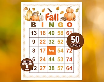 Fall Bingo, 50 Cards Thanksgiving Printable Bingo Game, Digital Download, Autumn Party Game | B0005 - Digital file only