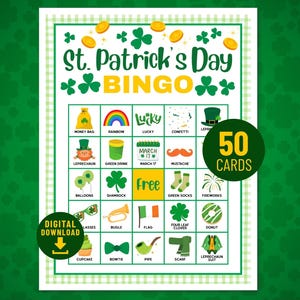 Può includere: Una scheda del gioco del bingo di San Patrizio con un bordo a scacchi verde e bianco. La scheda presenta varie immagini a tema San Patrizio e il testo "St. Patrick's Day BINGO". Include il testo "DOWNLOAD DIGITALE" e "50 CARTE".