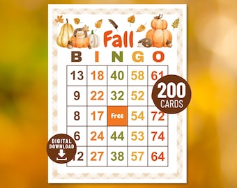 Fall Bingo, 200 Cards Thanksgiving Printable Bingo Game, Digital Download, Autumn Party Game | B0005 - Digital file only