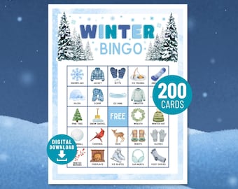 May include: A digital download winter bingo game card with a blue and white theme. The card features winter-themed illustrations such as a snowflake, jacket, mittens, and ice skates. The text "WINTER BINGO" is at the top.