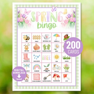 May include: A Spring Bingo game card with a green and white checked border. The card features illustrations of bees, flowers, and rainbows. The text "SPRING BINGO" is at the top, and "200 CARDS" is in a purple circle. A digital download is available.