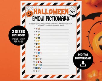 May include: A Halloween Emoji Pictionary game sheet with a black and white border with orange stripes. The game sheet includes the text "Halloween Emoji Pictionary" and prompts to guess Halloween words or phrases written in emojis. The words "2 Sizes Included" and "Digital Download" are also visible.