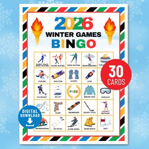 May include: A colorful bingo card for the 2026 Winter Games. The card features illustrations of winter sports like skiing, snowboarding, and ice hockey. The text includes "2026 Winter Games Bingo" and "30 Cards". A digital download is available.