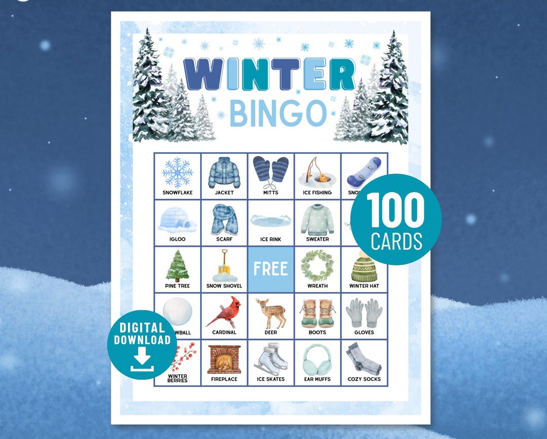 Winter Bingo, 100 Cards Holiday Printable Bingo Game, Digital Download ...