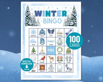 May include: A digital download of a Winter Bingo game with 100 cards. The game board features winter-themed illustrations like snowflakes, mittens, and ice skates. The title "Winter Bingo" is displayed at the top, with a digital download icon in the corner.