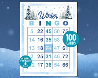 May include: A Winter Bingo card with a blue and white color scheme. The card features the text "Winter BINGO" at the top, with numbers arranged in a grid. The card includes the text "100 CARDS" and "DIGITAL DOWNLOAD". Two evergreen trees are also featured.