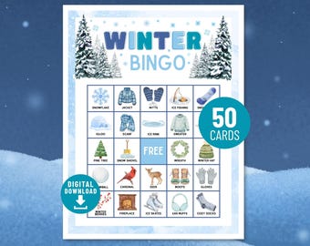 May include: A Winter Bingo game card with a blue and white theme. The card features winter-themed illustrations such as a snowflake, jacket, mittens, and ice skates. The text "Winter Bingo" is at the top, and "50 Cards" is in a circle.