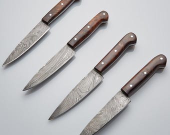 Damaszener Stahl Steakmesser Set 4 Stück, Palisander Griff BBQ Steakmesser, Outdoor Steakmesser, Kochmesser Set