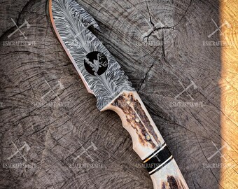 Handmade Damascus Steel Hunting Knife: Deer Antler Handle, Leather Sheath
