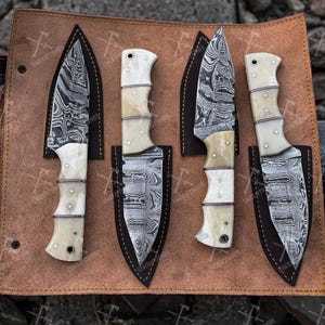 Handmade Damascus Steel Steak Knife Set: Rosewood Handle, Leather Kit