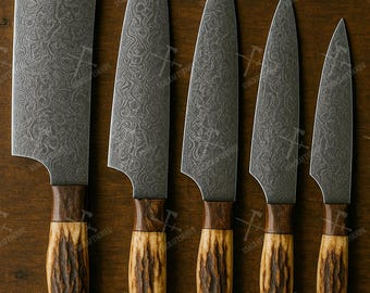 Damascus etsstaal handgemaakte koksmessen set gewei en houten handvat handgesmede keukenmessen set gepersonaliseerd jubileumcadeau voor hem
