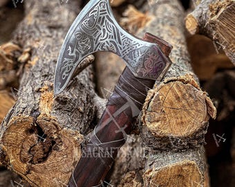 Hand Forged Viking Ragnar Axe – Camping Hatchet with Leather Sheath, Medieval Battle Engraved Axe Gift for Him