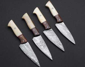 Damaszener Stahl Steakmesser Set 4 Stück, Kamelknochen Griff BBQ Steakmesser, Outdoor Steakmesser, Kochmesser Set