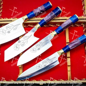Luxury Handmade Carbon Steel Chef Knife Set Resign & Brass Handle Kitchen Knives set Personalized Anniversary Gift for him/her