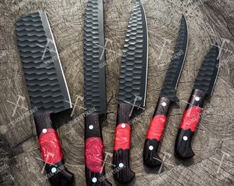 Juego de cuchillos de chef de acero al carbono forjado a mano: mango de madera de wengué y resina
